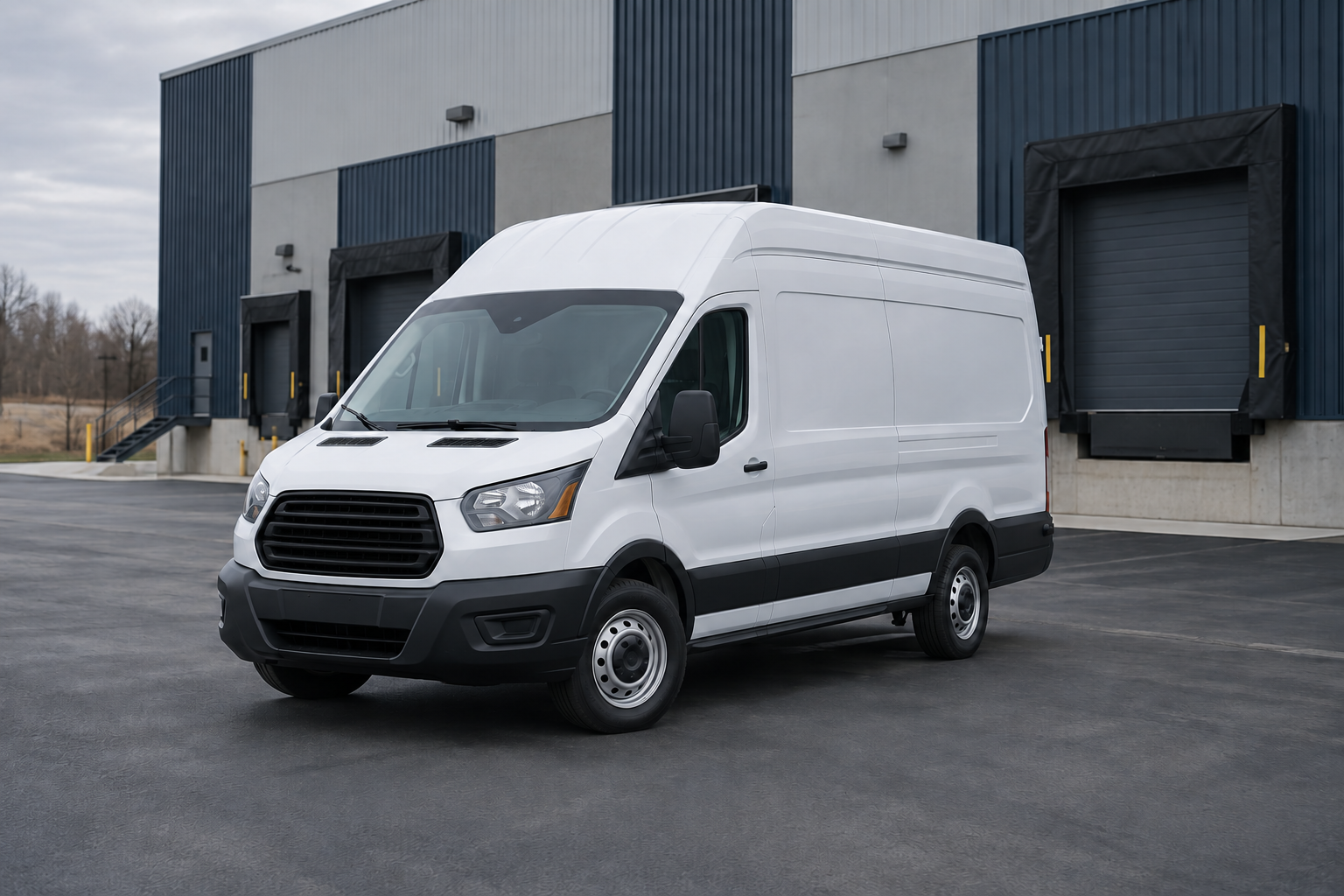 Illustrative white high-roof cargo van outside an industrial building